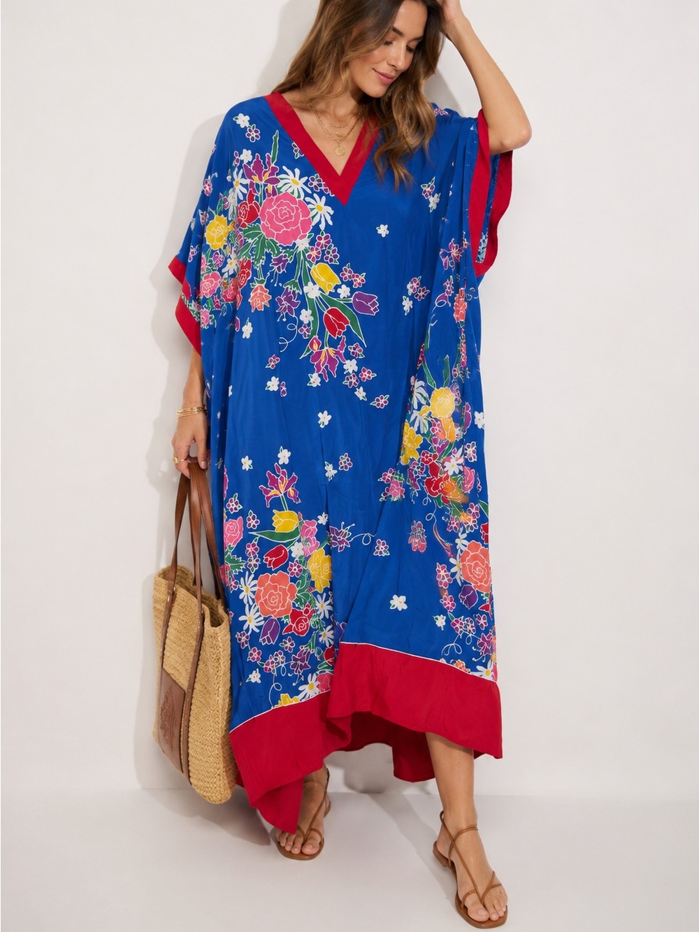 Vintage Oscar de la Renta Floral Drop Shoulder Kaftan Swim Cover Dress One Size